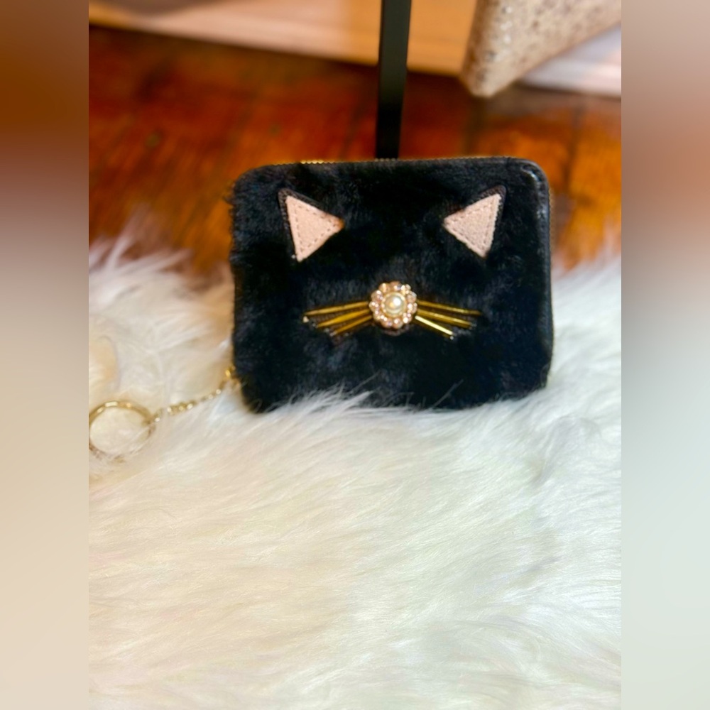 NWOT KATE SPADE Black Cat Furry Wallet Keyring